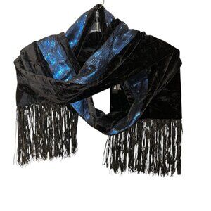 donna karan dkny black velvet blue sequins heavy fringe trim scarf